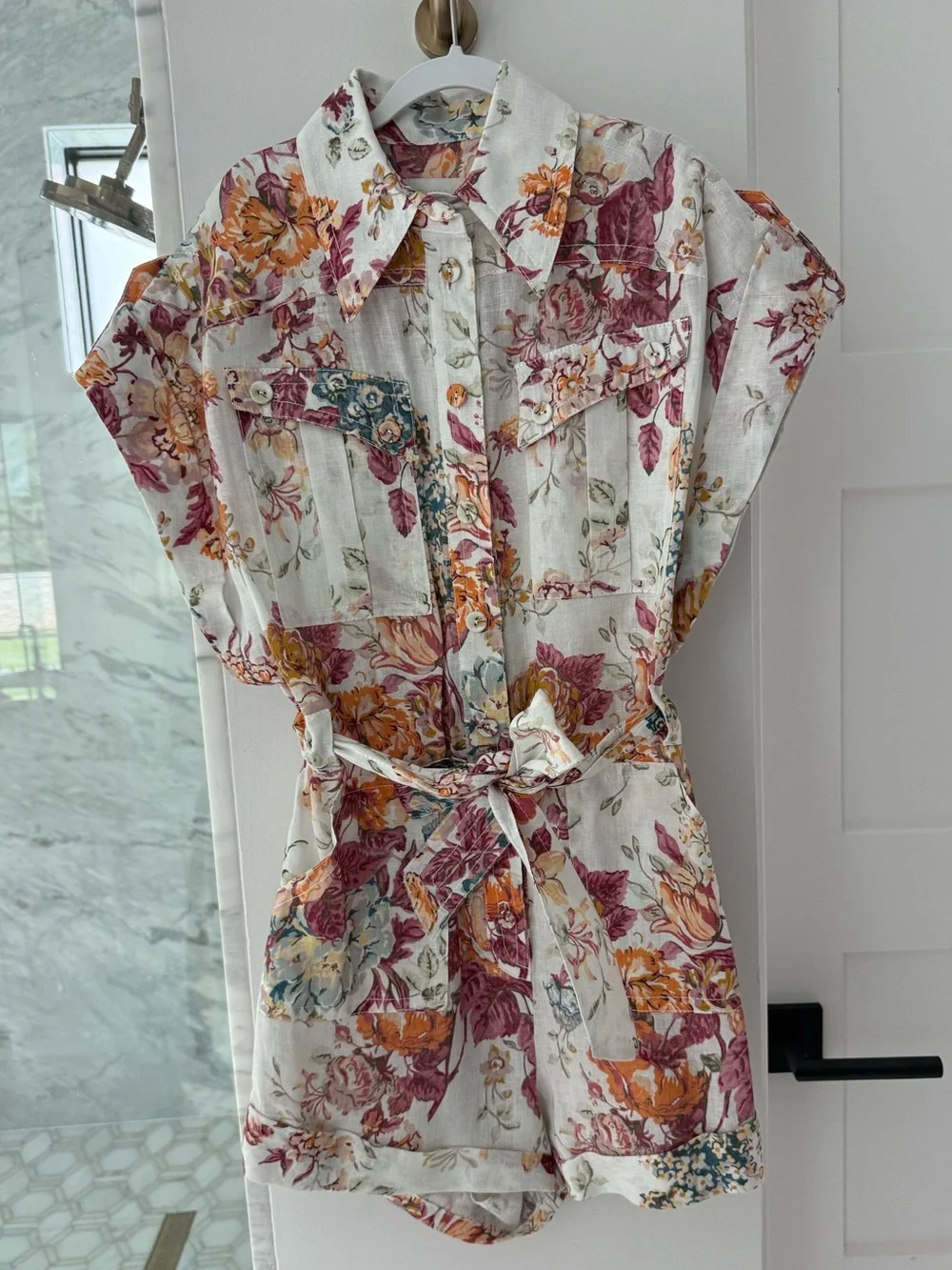 Zimmermann Floral Button-Front Romper in Cream, Rose and Orange - Picture 2 of 4